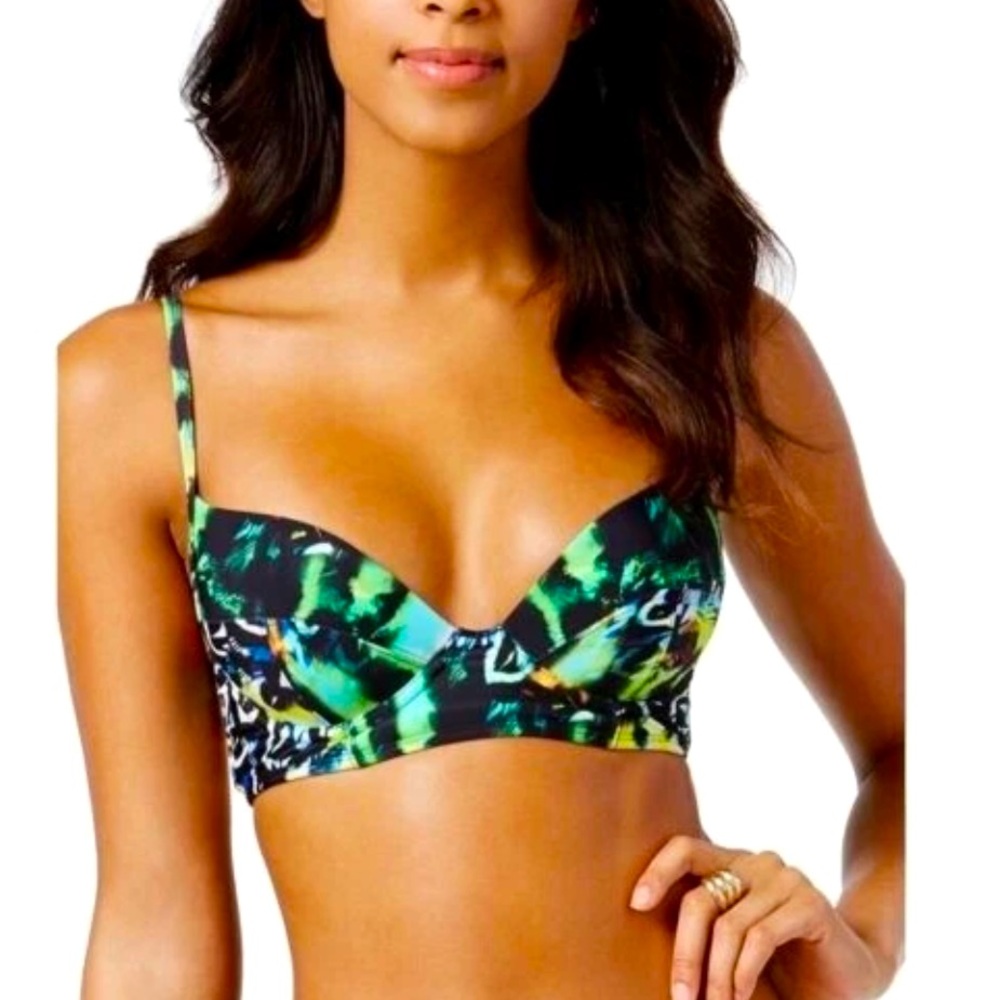 Rachel Roy Bikini Swim Top Medium Black Neon Feathers NWT